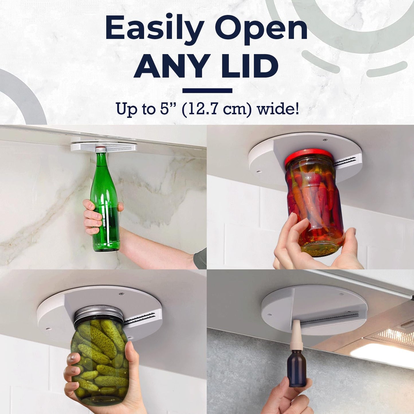 EZ Off Jar Opener for Weak Hands - Under Cabinet, Easy Grip, One Handed Jar & Bottle Opener - Removes Tight Jar Lid for Seniors with Arthritis - Essential Kitchen Gadgets for Home Assistance - White