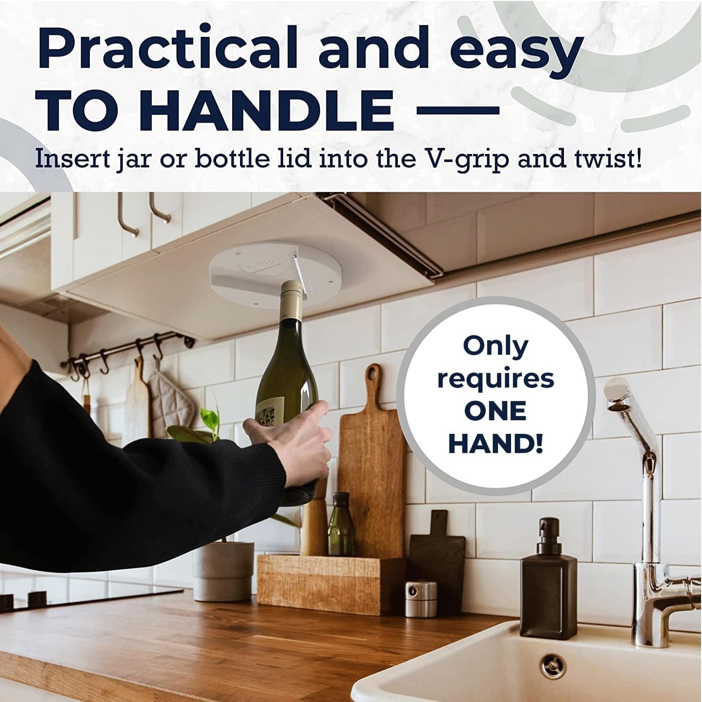 EZ Off Jar Opener for Weak Hands - Under Cabinet, Easy Grip, One Handed Jar & Bottle Opener - Removes Tight Jar Lid for Seniors with Arthritis - Essential Kitchen Gadgets for Home Assistance - White