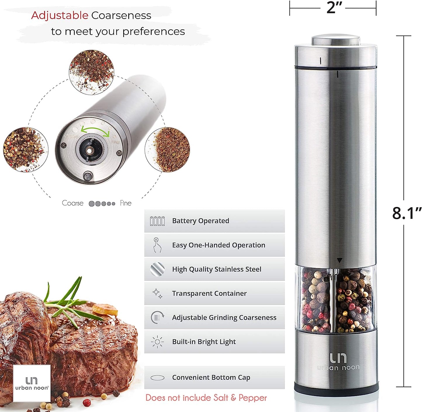 Electric Salt and Pepper Grinder Set - Battery Operated Stainless Steel Mill with Light (2 Mills) - Automatic One Handed Operation - Electronic Adjustable Shakers - Ceramic Grinders