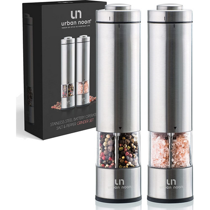Electric Salt and Pepper Grinder Set - Battery Operated Stainless Steel Mill with Light (2 Mills) - Automatic One Handed Operation - Electronic Adjustable Shakers - Ceramic Grinders