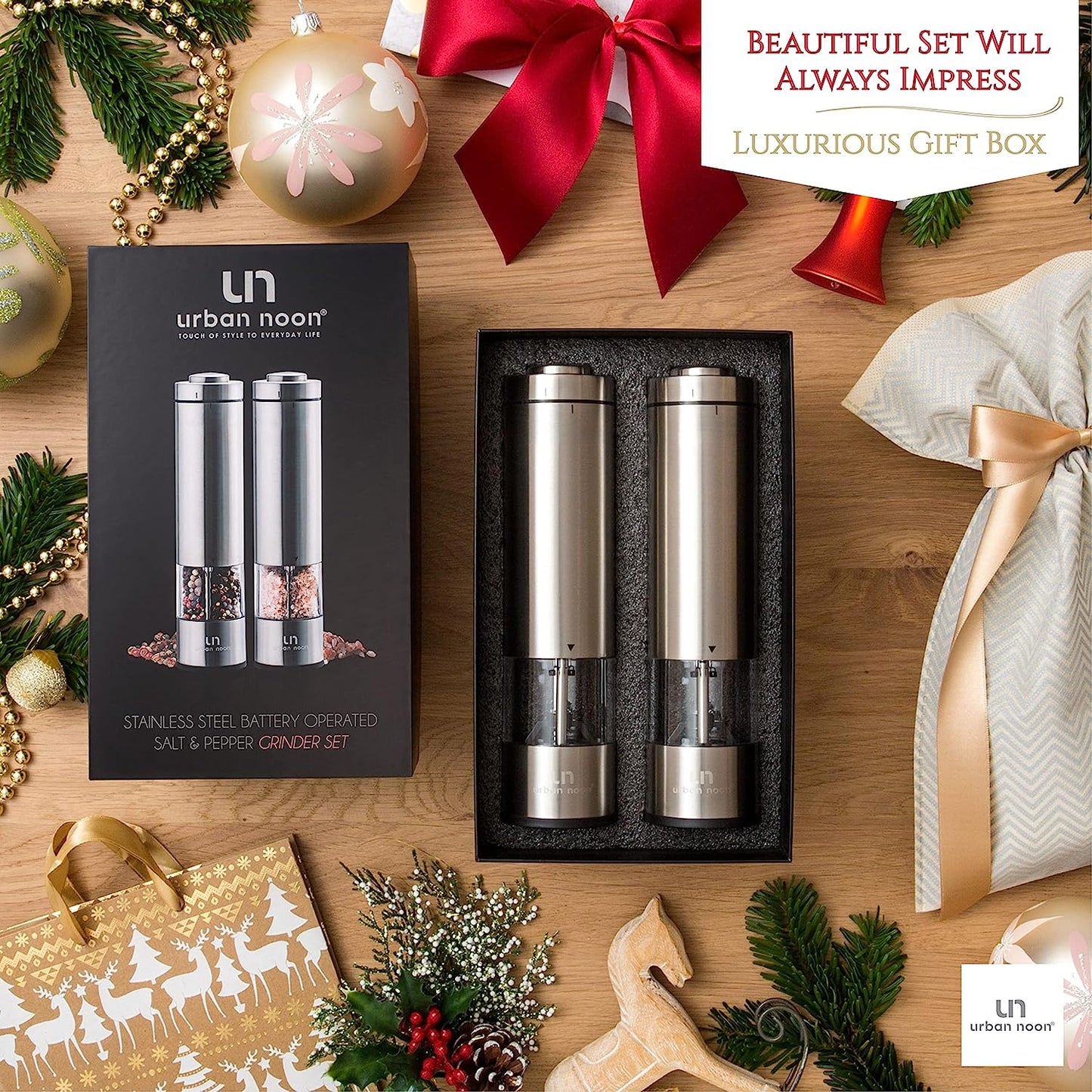 Electric Salt and Pepper Grinder Set - Battery Operated Stainless Steel Mill with Light (2 Mills) - Automatic One Handed Operation - Electronic Adjustable Shakers - Ceramic Grinders