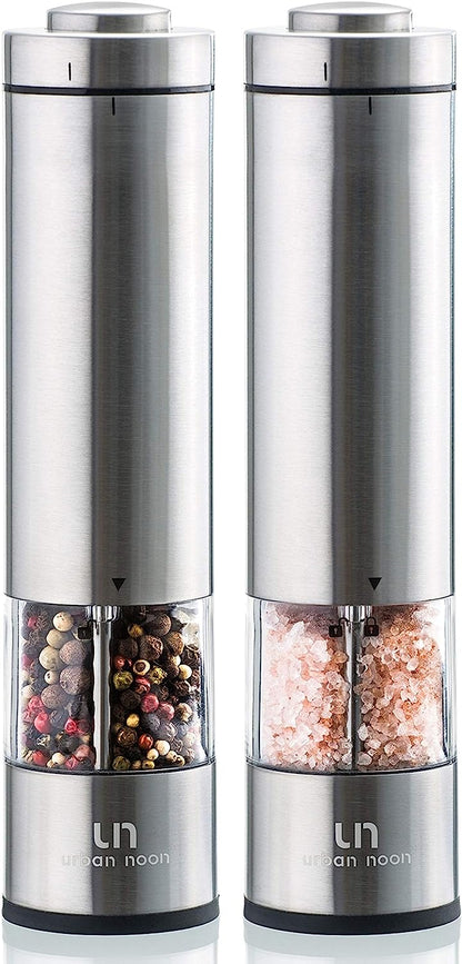 Electric Salt and Pepper Grinder Set - Battery Operated Stainless Steel Mill with Light (2 Mills) - Automatic One Handed Operation - Electronic Adjustable Shakers - Ceramic Grinders